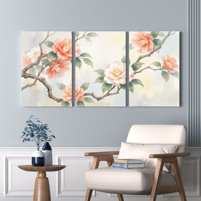 Ensemble de 3 tableaux muraux aquarelle représentant des camélias en fleurs, pour la décoration du salon et de la chambre.