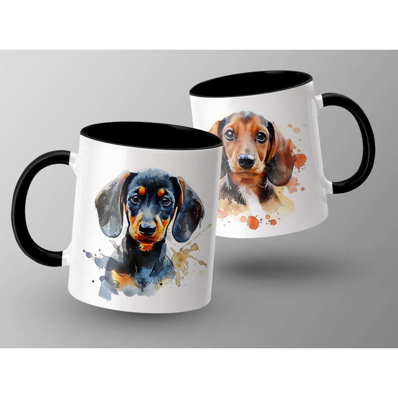 11oz Watercolour Dachshund Dog Design Coffee Mug, Black, 2