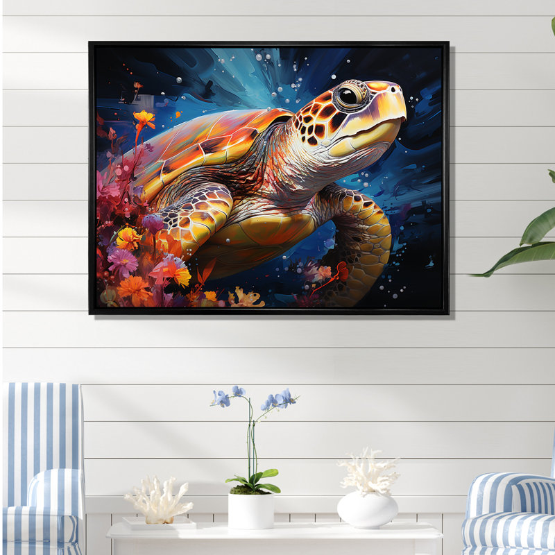 Tortue sereine sous l'eau, Cadre flottant noir, H 30 po x l 40 po x P 1,5 po