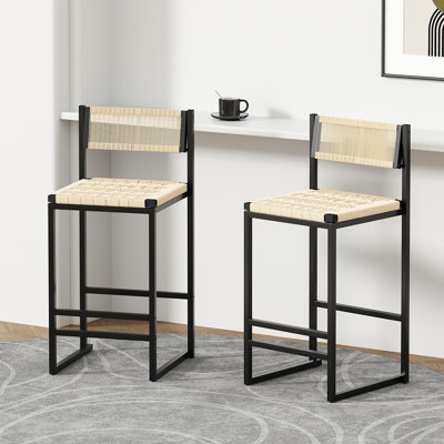 Ensemble de 2 tabourets de bar tissés avec dossier en corde de papier tissé pour îlot de cuisine (style B noir)