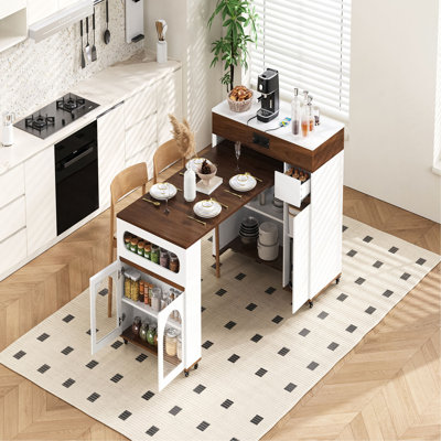Table de salle à manger extensible avec plateau pliable extra-long, îlot de cuisine roulant avec tiroirs, prise de courant et verrou de frein, armoire de rangement pour la cuisine et la salle à manger