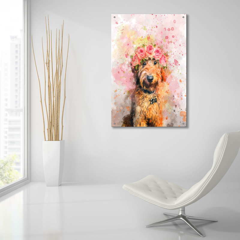 Art mural en verre épique «Flower Crown Goldendoodle 2» par Furbaby Affiliates, H 36 po x l 24 po x P 0,2 po