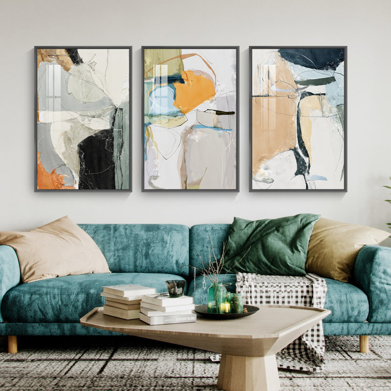 Abstrait aluminium encadré, ensemble de 3 reproductions encadrées sur toile, H 16,3 po x l 36,3 po, Cadre flottant, Noir