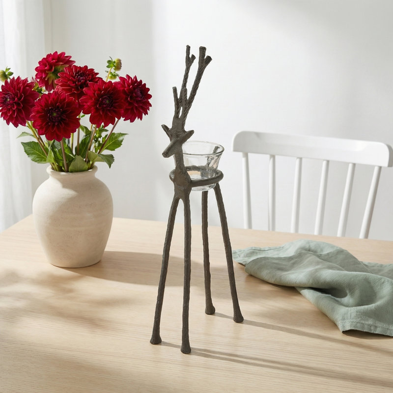 Frederick Christmas Rustic Aluminum Reindeer Tealight Candle Holder Tall, 14 inch