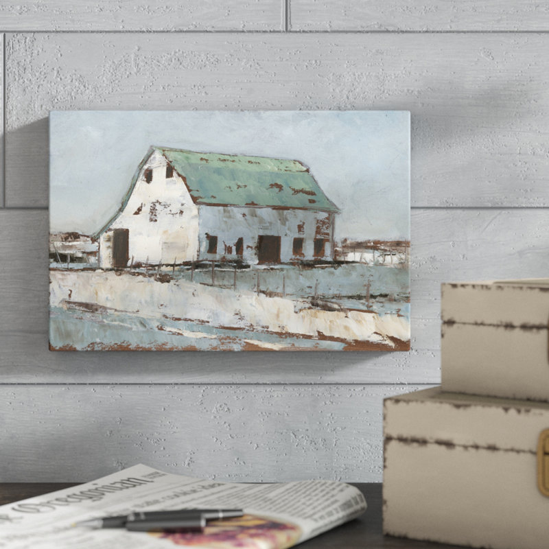 «Plein Air Barn II», peinture sur toile, H 8 po x l 12 po, Papier avec cadre simple argenté, Oui