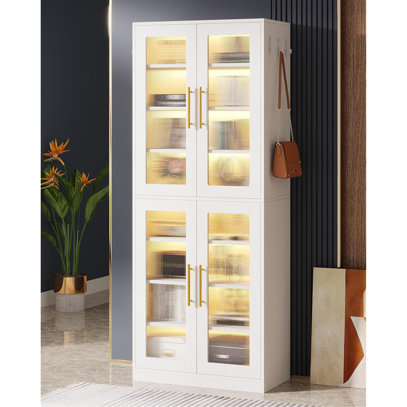 67" Tall White Bookcase With Doors, LED & 8 Adjustable Shelves Storage Cabinet For Living Room, Office, Bedroom, White