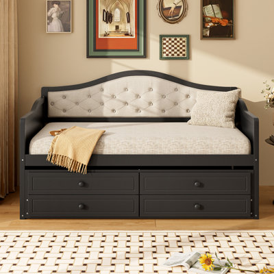 Twin Daybed with Trundle, Twin Size Daybed with 2 Storage Drawers, Wooden Sofa Bed with Upholstered Button Tufted Backrest for Living Room, Bedroom, G by One Allium Way