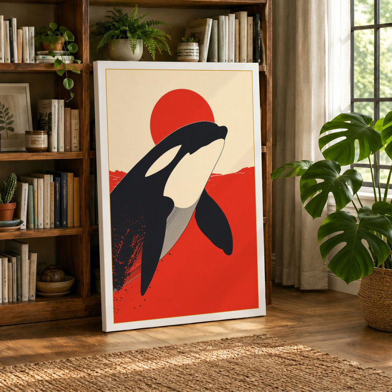 Whales Under Red Sun Mid-Century - Wrapped Canvas, 36x24 - 91.4 x 61.0 cm, Taupe Border