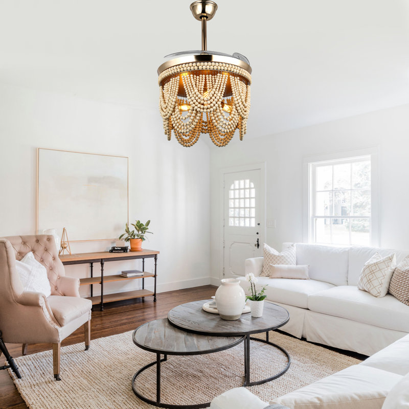 Dayzhane 42" Boho Retractable Ceiling Fan with Lights, Farmhouse 6 Speeds Wood Beaded Ceiling Fan with Remote Control, Gold