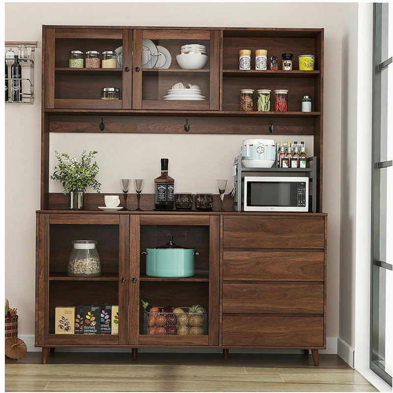 63 Inches W Large Kitchen Wall Cabinet, Freestanding Storage Cabinet Kitchen Cabinet, with 4 Doors, 4 Drawers, and Microwave Rack, Walnut Color