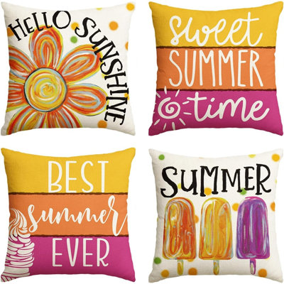 Hello Sunshine Summer Throw Pillow Covers Set Of 4, Floral Cushion Covers With Popsicle, Ice Cream, Polka Dots And Stripes, Seasonal Decorative Pillow Cases For Sofa, Couch, Bedroom, Living Room And Patio Decor