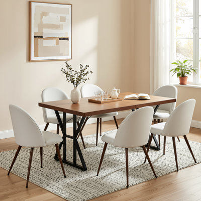 Ensemble de table de salle à manger 7 pièces avec chaises rembourrées, table rectangulaire aspect bois et base en métal 7 pièces
