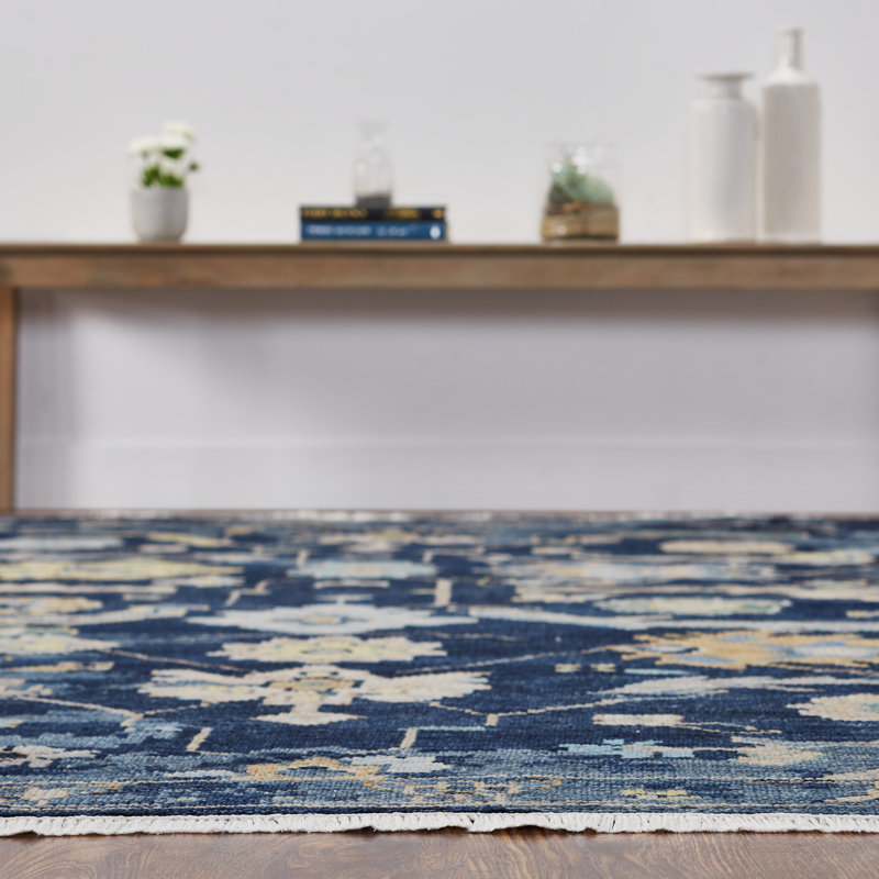 Timeless Fusion Hand Knotted Wool Floral Area Rug in Blue, Rectangle 3' x 5'