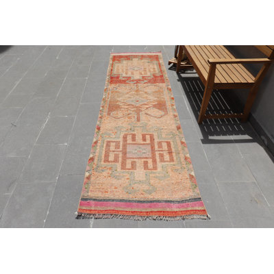 Vintage Turkish Herki Rug in Beige - Antique Oriental Hallway Runner Rug with Colorful Design