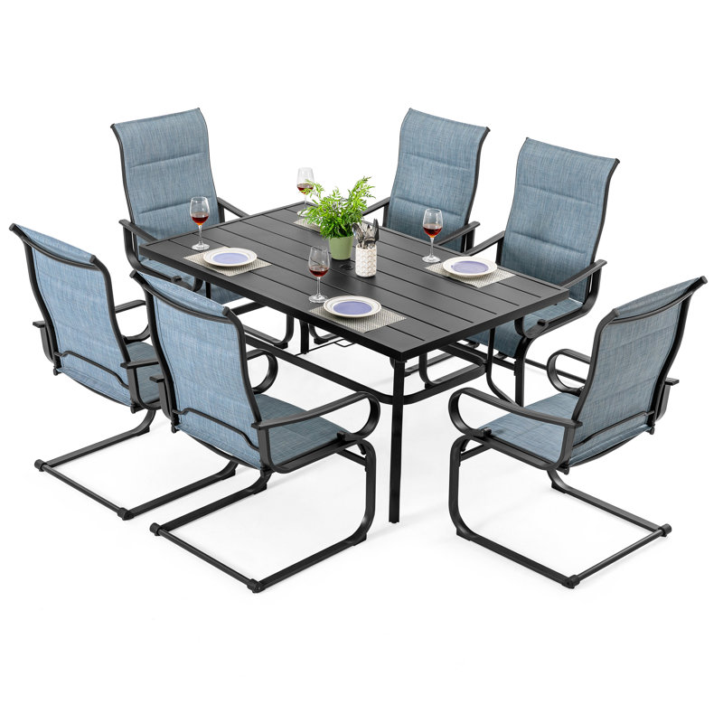 7PCS Padded PVC-coated polyester Patio Dining Set with Umbrella Hole, C-Spring Motion