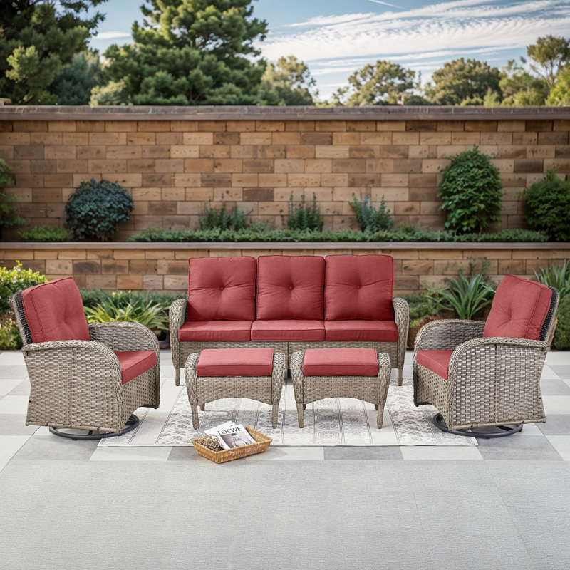 Valierius 5-Piece Outdoor Wicker Patio Furniture With 8 Seat Sofa & Swivel Chair, Coversation Set With Water Resistant Cushions