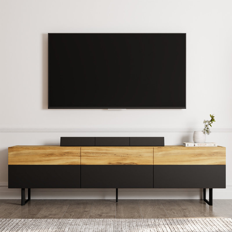 Meuble télé moderne avec option de fixation murale, noir et chêne, 70,9 po x 19,3 po x 14,6 po | 100% panneau de particules enduit de mélamine, épaisseur: 0,7 pouce | Plusieurs tablettes pour le rangement et la présentation, design industriel élégant
