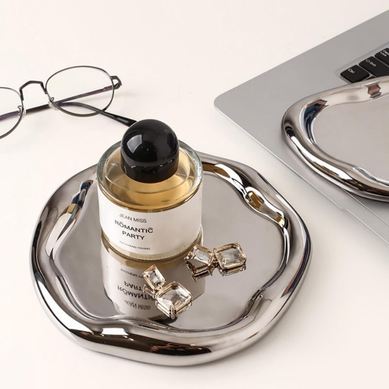 Plateau de coiffeuse rond en céramique, plateau décoratif pour les bijoux, le maquillage et l'organisation de la salle de bain