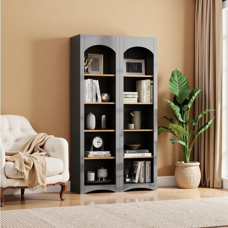 Ensemble de 2 bibliothèques rétro de style campagnard avec tablettes réglables, Gris
