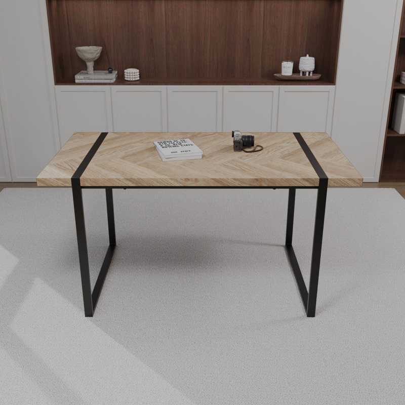 Bureau en bois avec des pieds en métal noir, également comme table de salle à manger pour 4 personnes, table de cuisine, imperméable, bois de stabilité, capacité 4, bureau