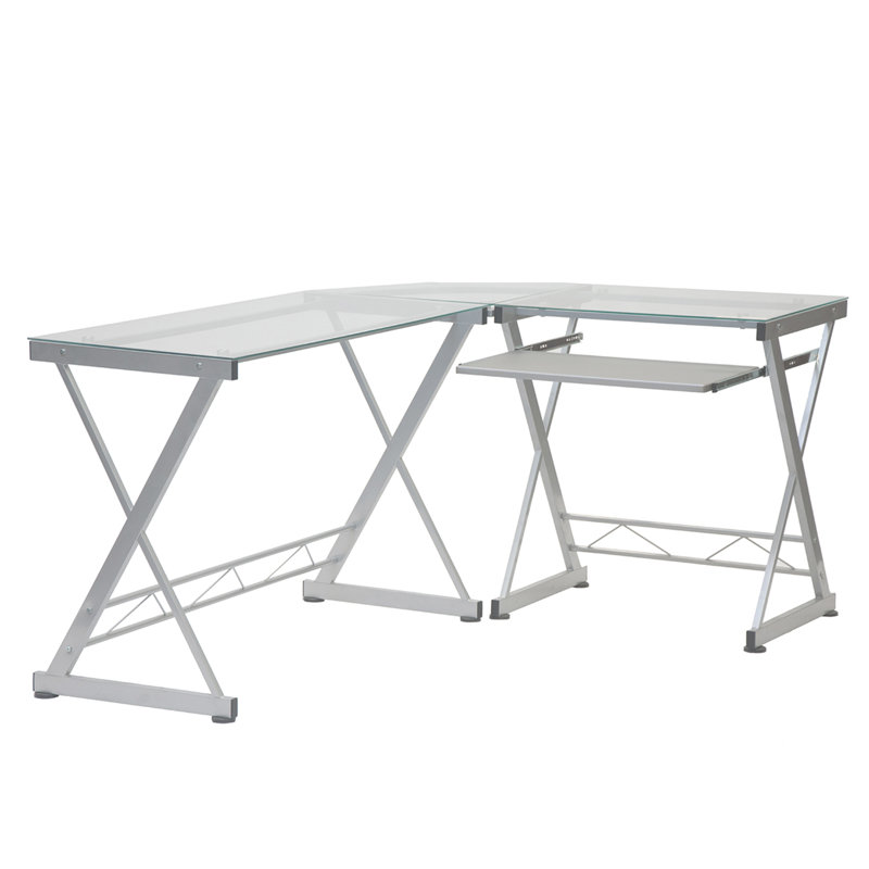 L-Shaped Tempered Glass Top Computer Desk with Pull Out Keyboard Panel