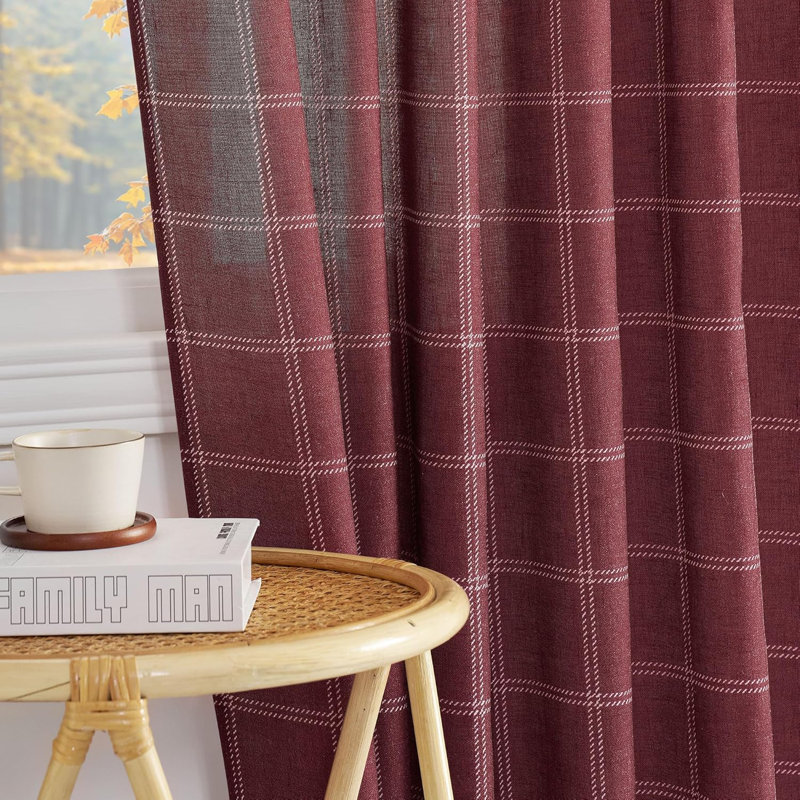 Linen Plaid Curtains Modern Window Panels Check Tartan Light Filtering Curtains for Living Room Bedroom, Rod Pocket Back Tab, 2 Panels