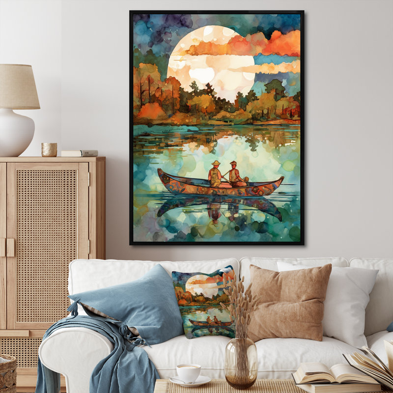 «Autumn Lake Full Moon Serenity Dinghy Rowing», reproduction, 32" H x 24" W, Cadre flottant noir