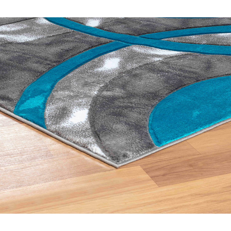 Wrought Studio™ Modern 2x7 Turquoise Circle Area Rug, Soft Hand-Carved Carpet for Indoor Living, Rectangle 4' x 6'