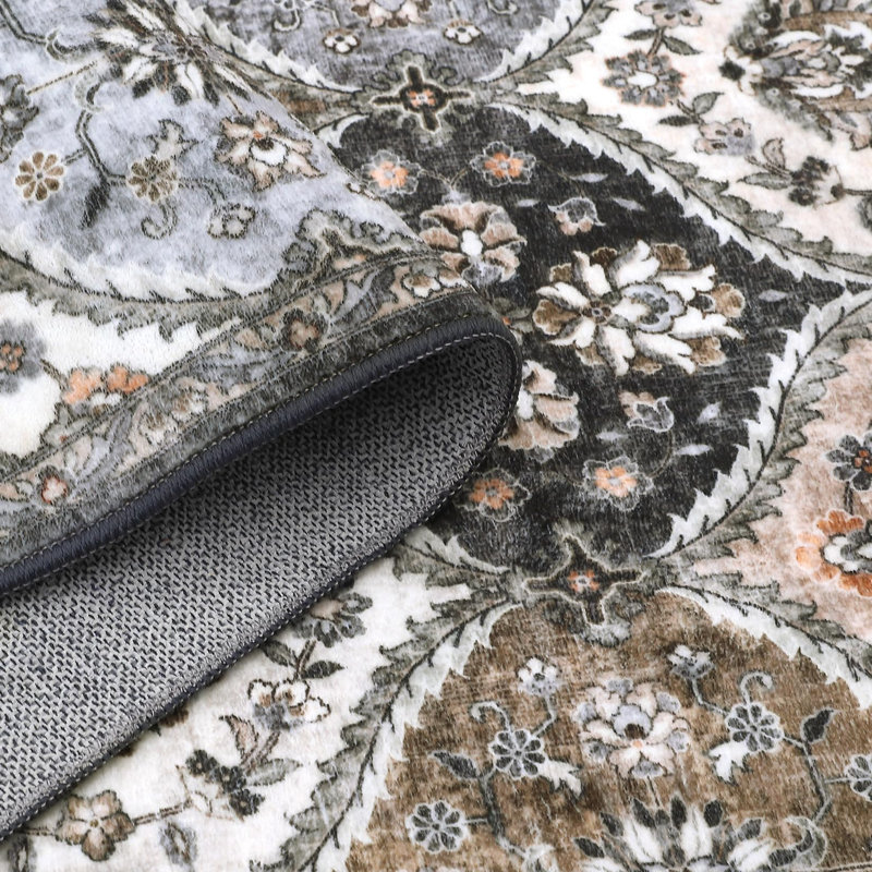 Rectangle Floral Washable Area Rug, Brown, Rectangle 120 x 170 cm