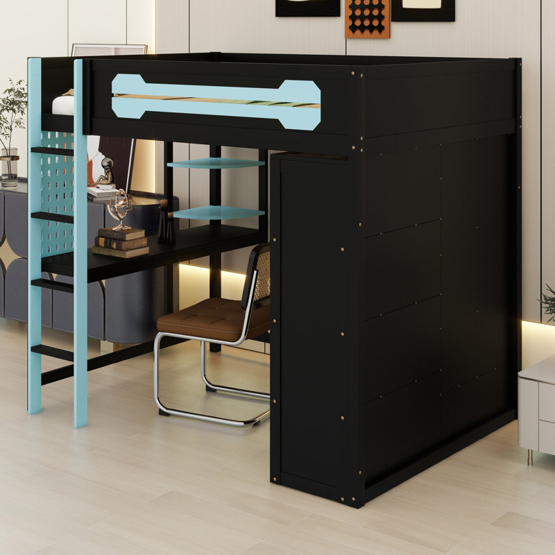 Space-Saving Elevated Sleep Station Featuring Built-in Study Area, Clothing Rack, and Dynamic Color Effects, Blue
