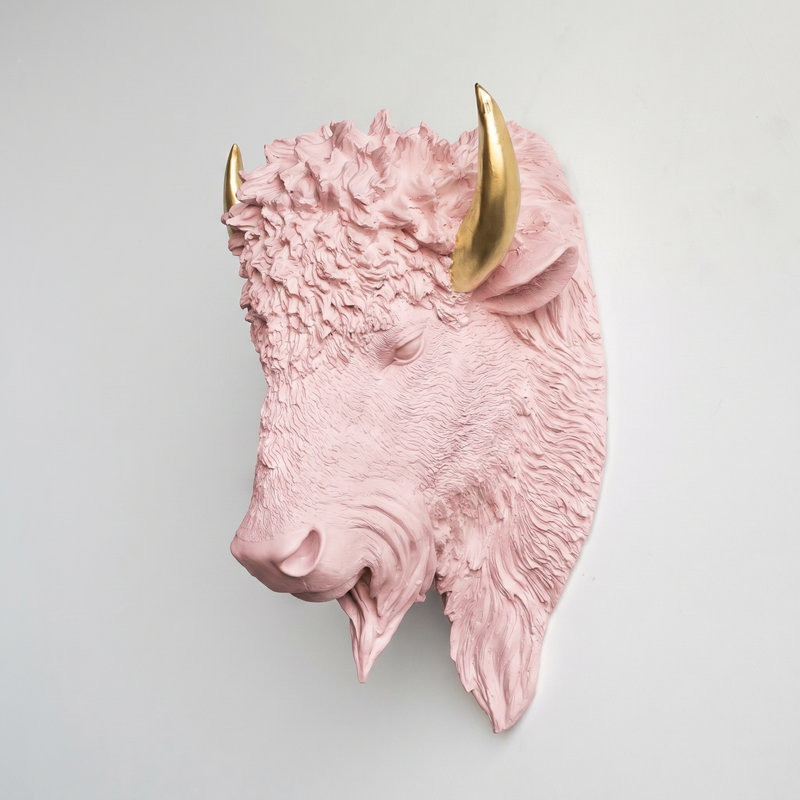 Décoration murale fausse tête de bison taxidermie, Light Pink/Gold