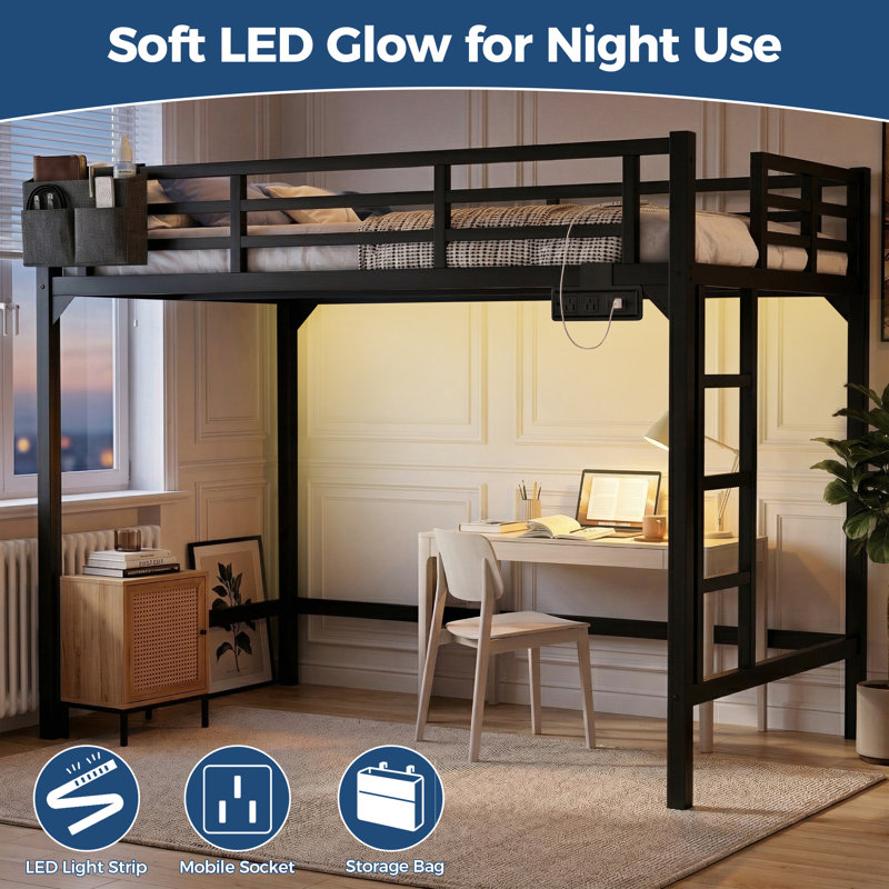 Twin XL Metal Loft Bed with Charging Station and LED Light, Space-Saving Design, Twin XL