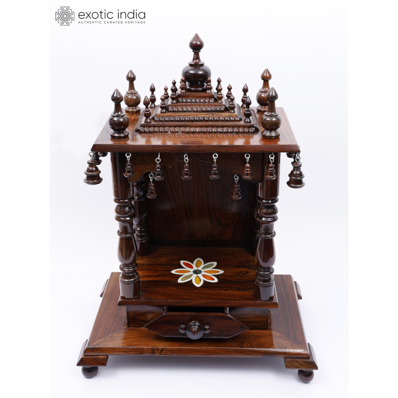 Handcrafted Wooden Puja Mandir Temple for Home – 24" Traditional Prayer Altar, Solid Wood, Drawer & Bells, Multicolor Inlay