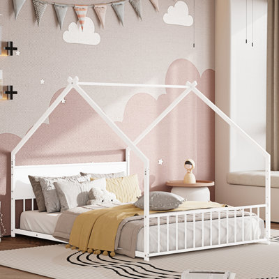 Lit maison avec toit et lumières colorées, cadre de lit en métal avec lattes et pieds, lit maison pour les jeunes adolescents, aucun sommier nécessaire
