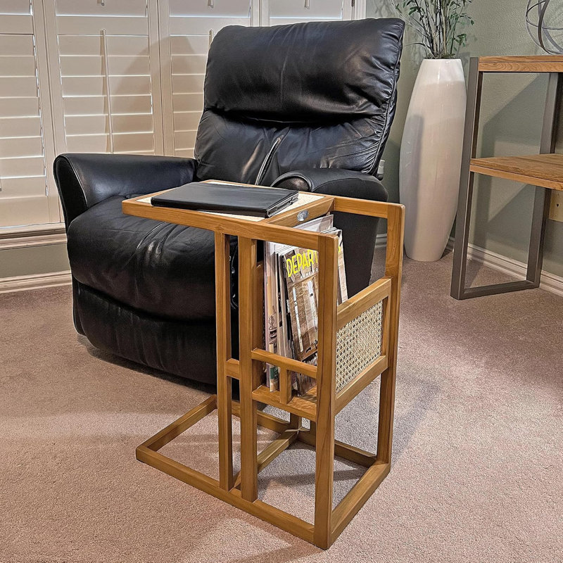 Solid Teak Side Table With Magazine Rack, C Shapped End Table For Couch, Sofa And Desk, Teak Magazine Rack C-Table With Terrazzo Table Top, Fully Assembled