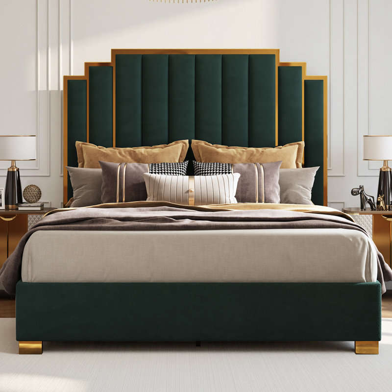 Duncanville Upholstered King Platform Bed, Green, King, Green
