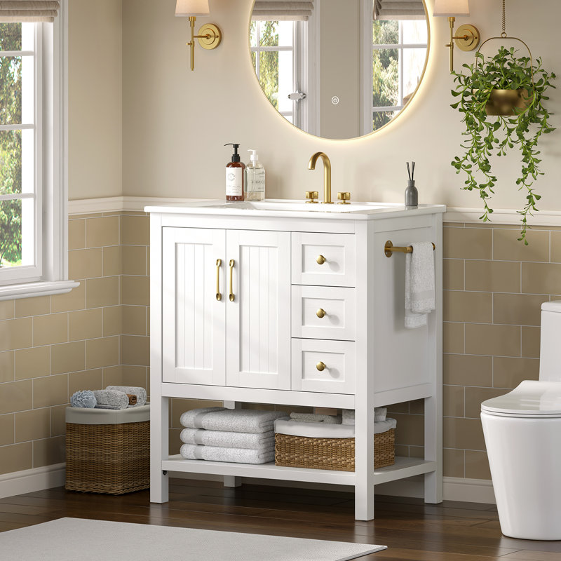 Meuble-lavabo 30 po avec lavabo en céramique, meuble-lavabo autoportant avec 3 tiroirs et tablette ouverte, 30" W