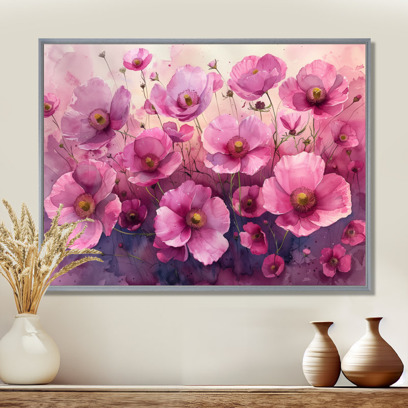 «Pink Buttercup Flower Fields - Buttercups», reproduction d'art murale, Toile argentée avec cadre flottant
