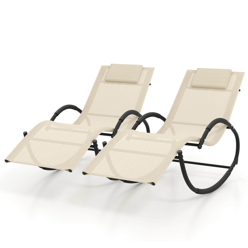 Wrought Studio™ 2 Pcs Outdoor Rocking Lounge Chair With Removable Headrest Breathable Backrest & Seat, Beige