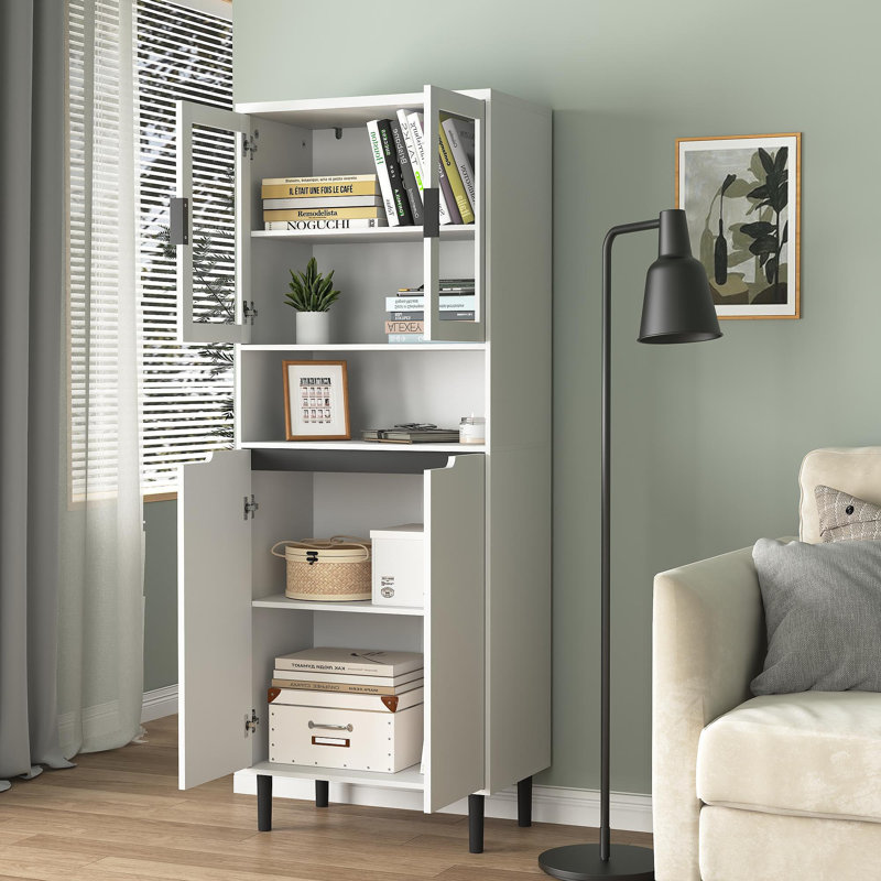 Grande bibliothèque de rangement en verre trempé avec panneau réglable, armoire à 4 portes en panneau de fibres à densité moyenne, blanc, rangement dans la chambre du salon
