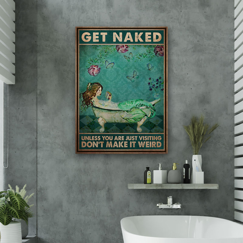 Marron, sirène de cheveux bruns - Toile tendue avec une galerie, décor de salle de bain et de lessive, mauve et turquoise