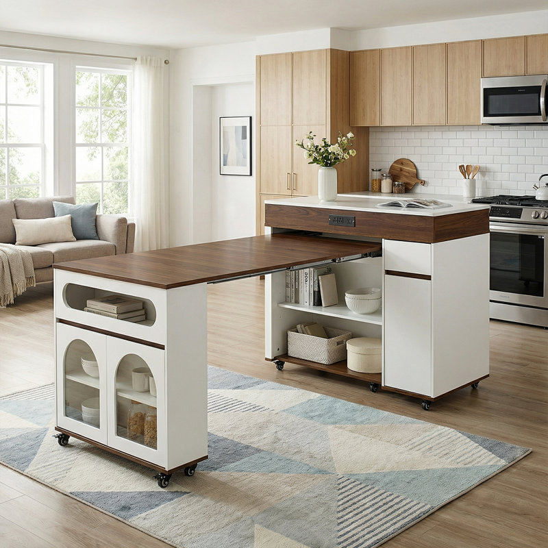 Versatile Extendable Dining Table & Multi-Functional Kitchen Island With Extra-Large Folding Tabletop & Power Outlet