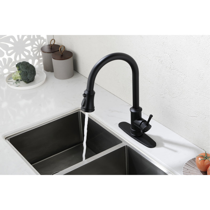 Robinet de cuisine à poignée simple arqué noir mat à double arche, acier inoxydable, débit de 1,8 gal / min, robinet en acier facile à installer et à utiliser avec poignée noire, arc, gallons par minute