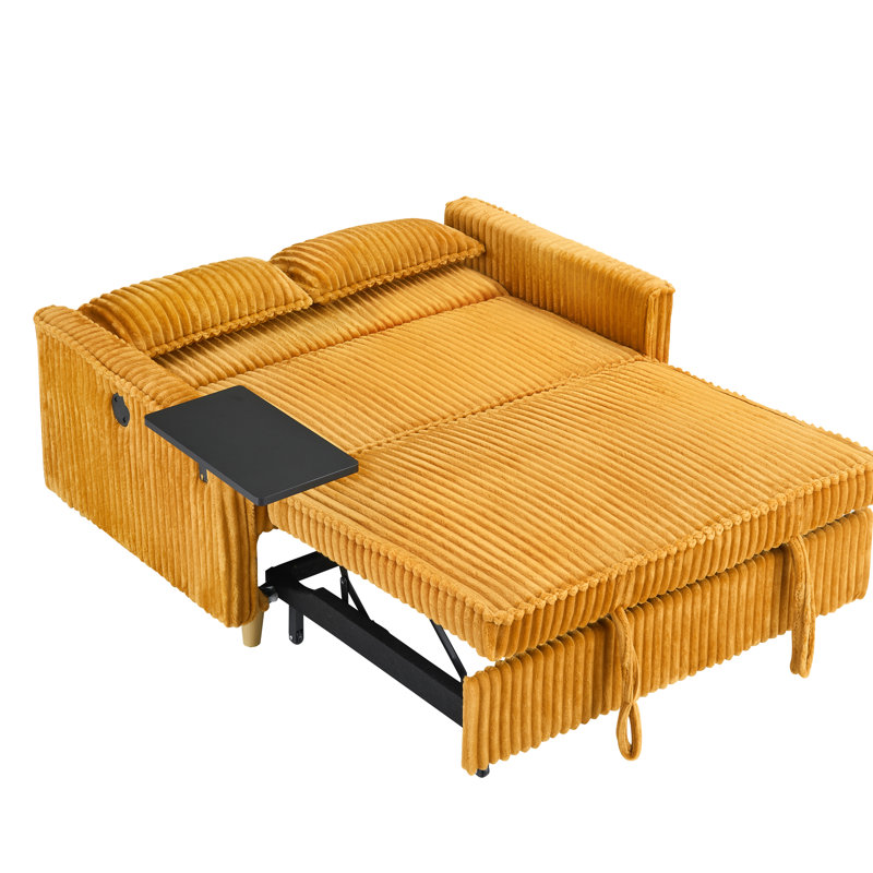 Fauteuil à 2 places en velours côtelé jaune avec table mobile, charge, roulettes en bas, coussins moelleux, conception de siège de salon, plateau de table, ports, tissu de peau, installation facile, bonne surface