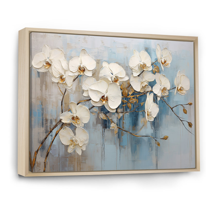 Élégance florale beige et or sur toile, Cadre naturel flottant, 34" H x 44" W