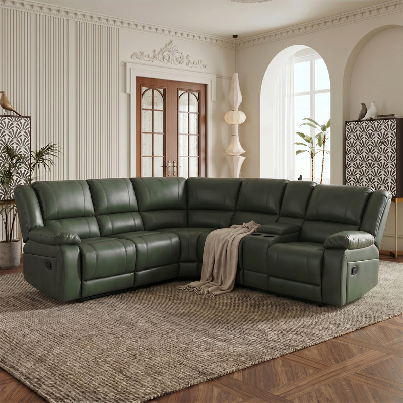 Canapé modulaire inclinable en similicuir 6 pièces avec console de rangement et porte-gobelets, Olive Green Faux Leather