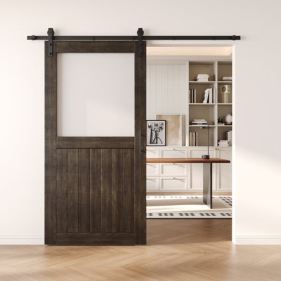 Porte de grange en verre non assemblé et fini 26 po x 80 po Homacer Ebony