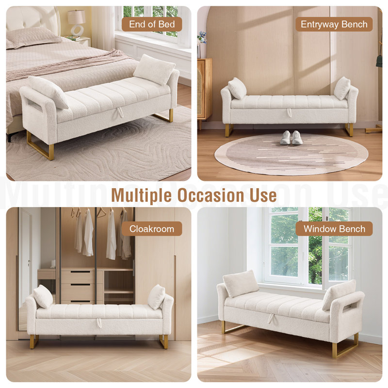 66"W Upholstered  Teddy Bedroom Storage Bench End of Bed King Size with Gold Legs,Curverd Armrest and 2 Pillows , Cream, 67"W
