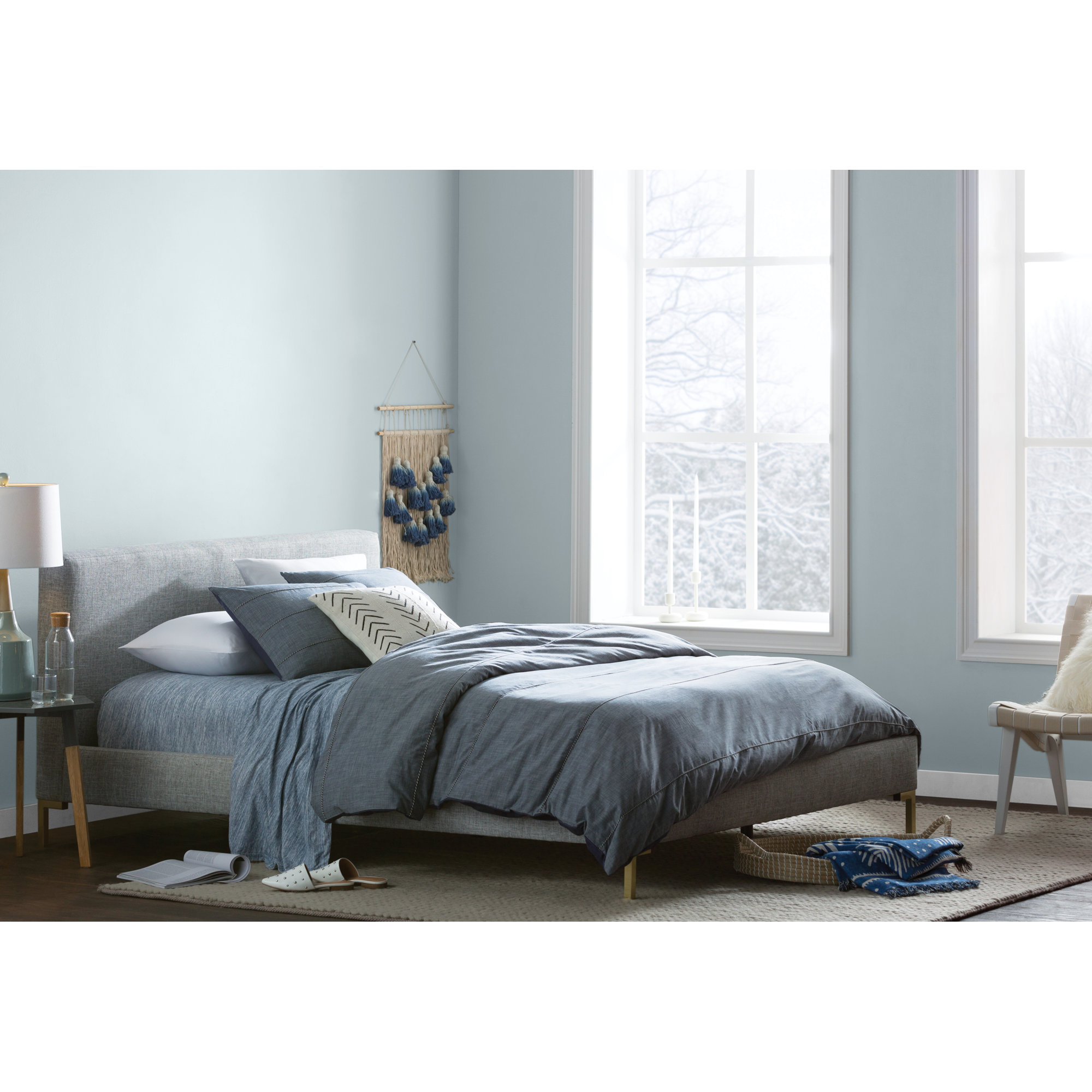 Rand Upholstered Bed, Queen, Brass, Zuma Pumice Textured Linen