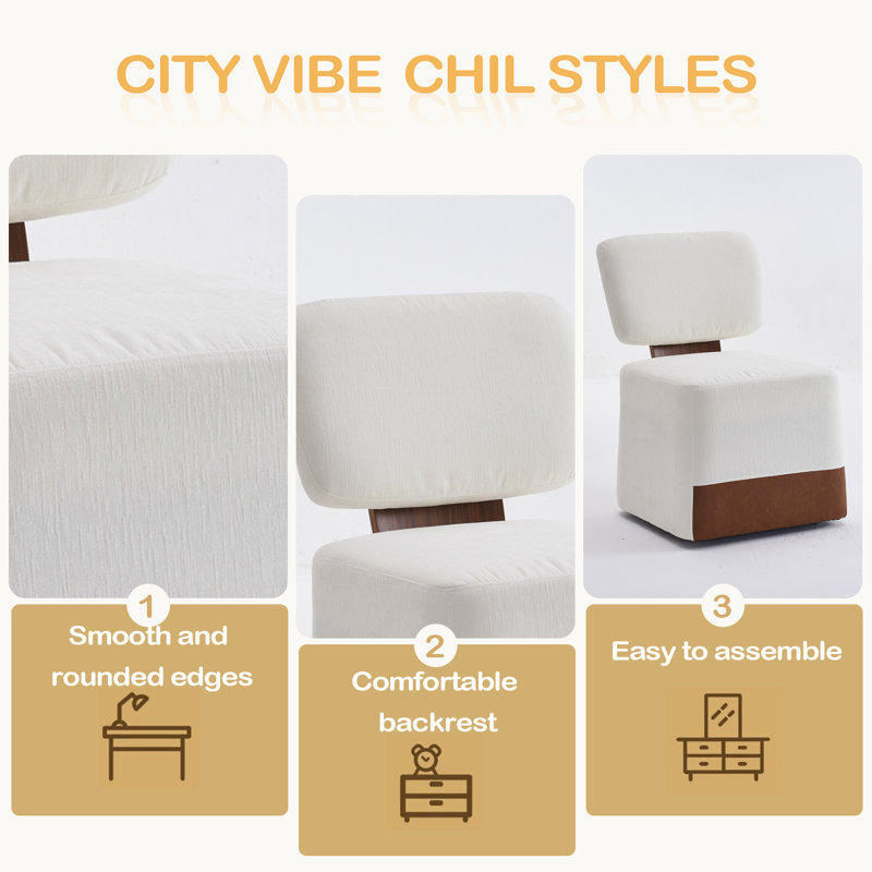Chaise rembourrée en lin sans accoudoirs avec roulettes, Ivoire ivoire
